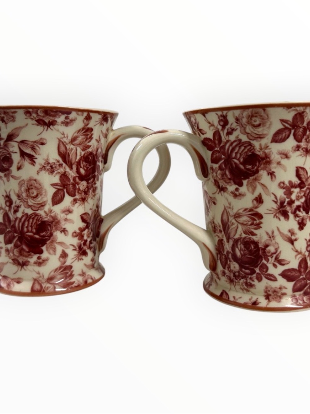 Harry & David Floral Toile Coffee Mugs Set of 2 Red Cream Ceramic China - Picture 9 of 11